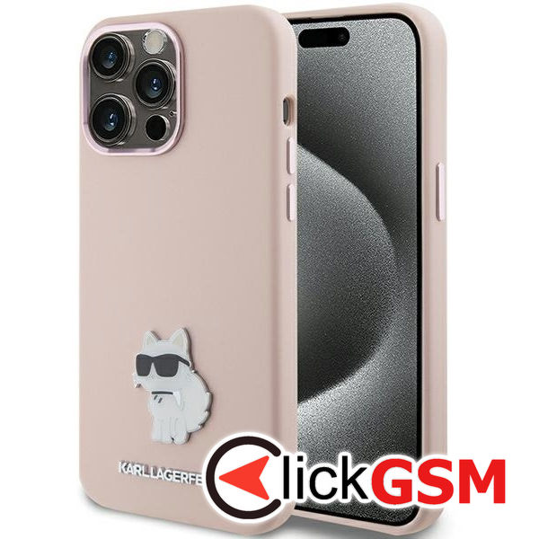 Karl Lagerfeld - Silicone (KLHCP15LSMHCNPP) - iPhone 15 Pro - Pink Choupette Metal Pin