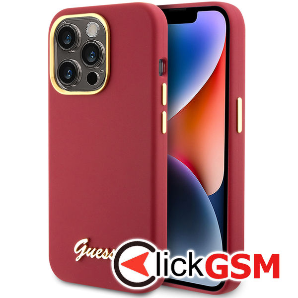 Guess - Silicone Script Metal Logo & Frame (GUHCP15LSMBSLM) - iPhone 15 Pro - Red