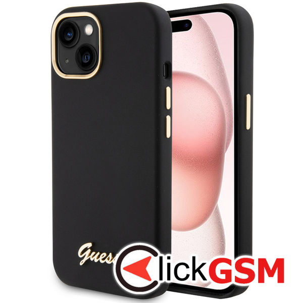 Guess - Silicone Script Metal Logo & Frame (GUHCP15SSMBSLK) - iPhone 15 - Black