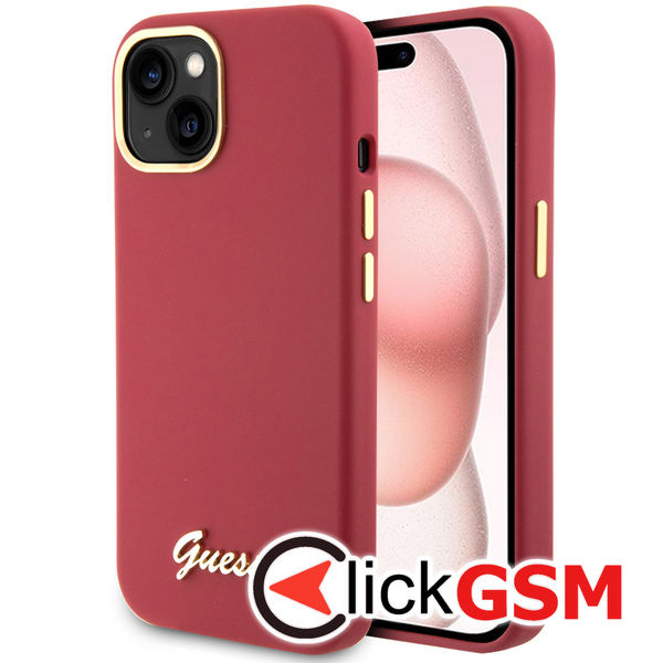 Guess - Silicone Script Metal Logo & Frame (GUHCP15SSMBSLM) - iPhone 15 - Red
