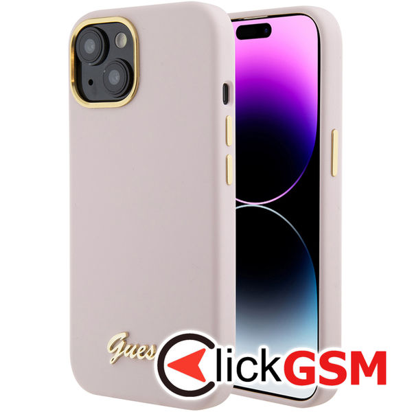 Guess - Silicone Script Metal Logo & Frame (GUHCP15SSMBSLP) - iPhone 15 - Light Pink