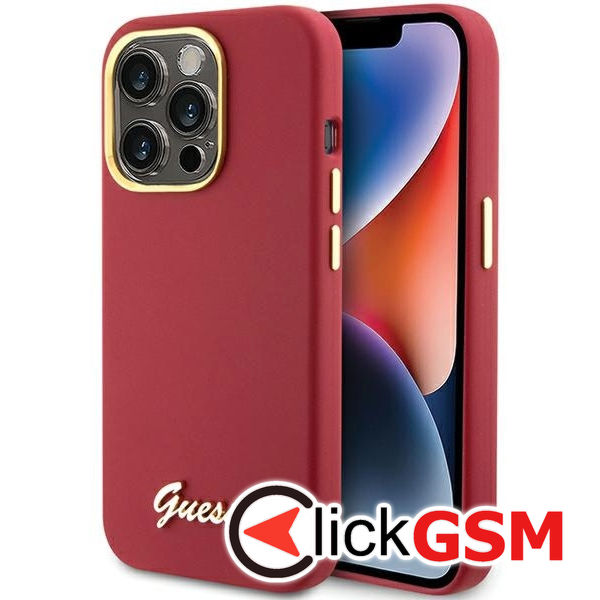Guess - Silicone Script Metal Logo & Frame (GUHCP15XSMBSLM) - iPhone 15 Pro Max - Red