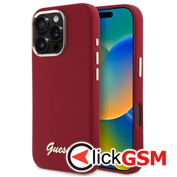 Guess - Silicone Script Metal Logo (GUHCP16LSMBSLM) - iPhone 16 Pro - Red