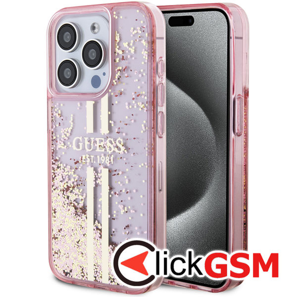 Guess - Liquid Glitter Gold Stripes (GUHCP15LLFCSEGP) - iPhone 15 Pro - Pink