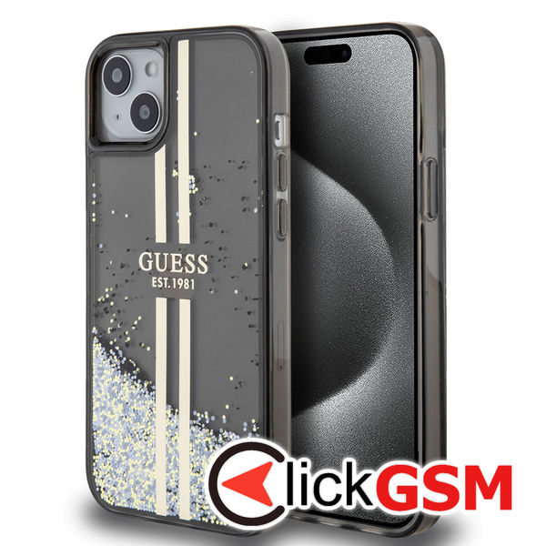 Guess - Liquid Glitter Gold Stripes (GUHCP15MLFCSEGK) - iPhone 15 Plus - Black