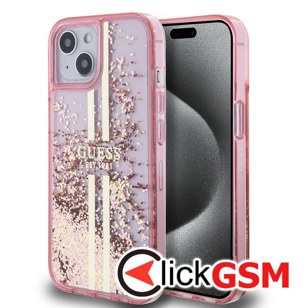 Guess - Liquid Glitter Gold Stripes (GUHCP15MLFCSEGP) - iPhone 15 Plus - Pink