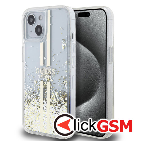 Guess - Liquid Glitter Gold Stripes (GUHCP15MLFCSEGT) - iPhone 15 Plus - Transparent