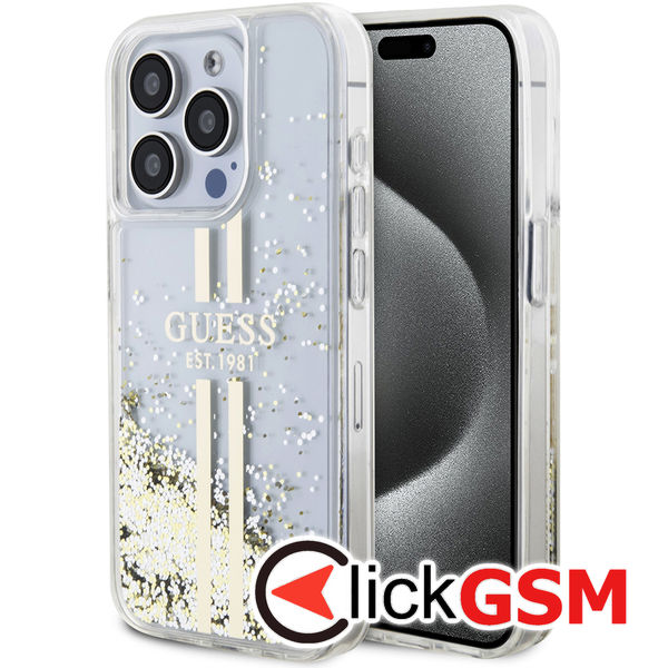 Guess - Liquid Glitter Gold Stripes (GUHCP15XLFCSEGT) - iPhone 15 Pro Max - Transparent