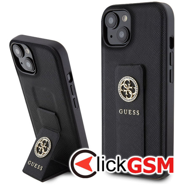 Guess - Grip Stand 4G Saffiano Strass (GUHCP15SPGSSADK) - iPhone 15 - Black