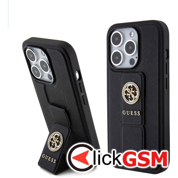 Guess - Grip Stand 4G Saffiano Strass - iPhone 15 Pro Max (GUHCP15XPGSSADK) - Black