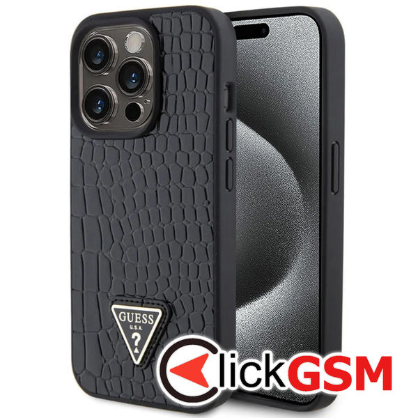 Guess - Croco Triangle Metal Logo (GUHCP15LPCRTHCK) - iPhone 15 Pro - Black
