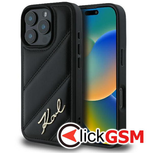Karl Lagerfeld - Diagonal Quilted Script (KLHCP16XPQDSMGK) - iPhone 16 Pro Max - Black