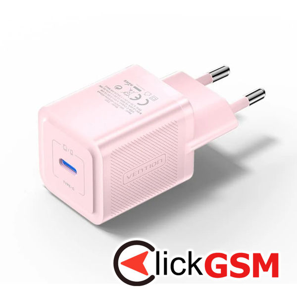 Vention - Wall Charger (FEPP0-EU) - Type-C, EU Plug, 20W, GaN Technology, Smart Charging, Universal Compatibility - Pink