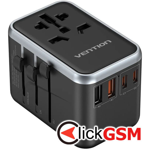 Vention - Travel Adapter (FJFB0) - 2x USB-C, 2x USB, EU, UK, AUS, US, 65W, GaN Technology, Fast Charging - Black