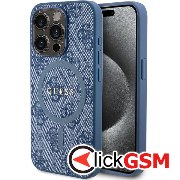 Guess - 4G Collection Leather MagSafe (GUHMP15LG4GFRB) - iPhone 15 Pro - Blue