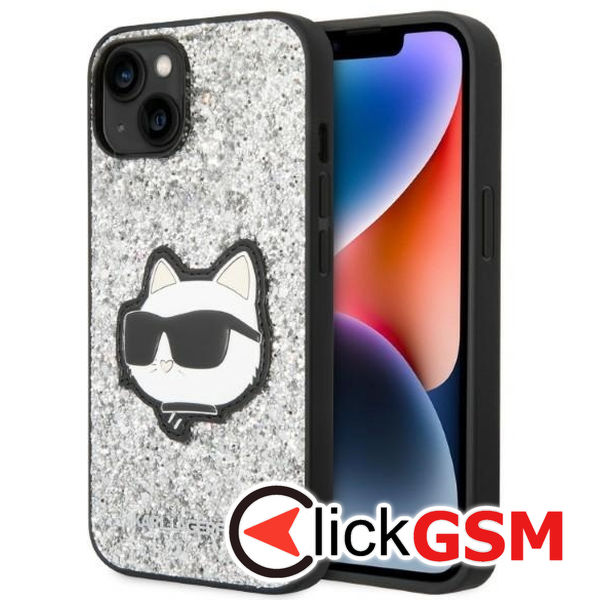 Karl Lagerfeld - Hardcase Glitter (KLHCP14SG2CPS) - iPhone 14 - Silver Choupette Patch