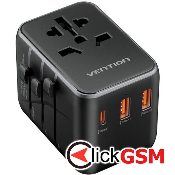 Vention - Travel Adapter (FJEB0) - Type-C, 2x USB, EU, UK, AUS, US, 20W, Fast Charging, Compact - Black