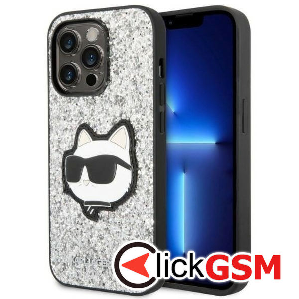 Karl Lagerfeld - Hardcase Glitter (KLHCP14XG2CPS) - iPhone 14 Pro Max - Silver Choupette Patch