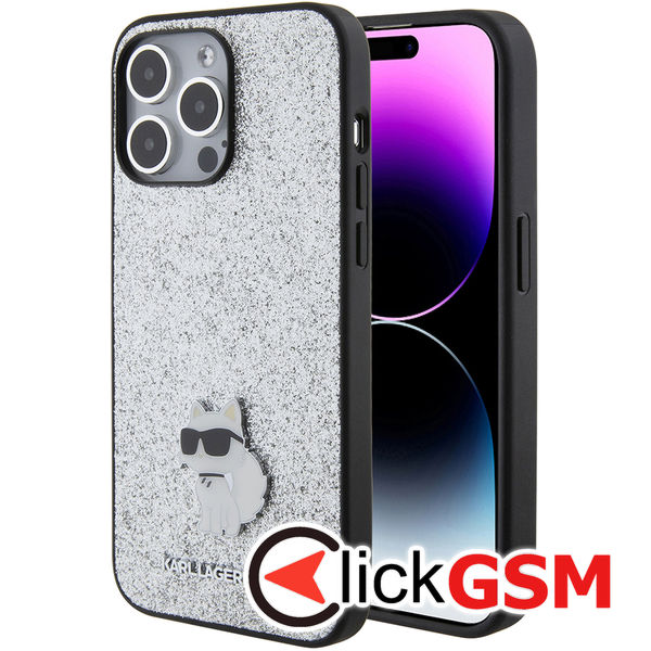 Karl Lagerfeld - Hardcase Glitter Fixed (KLHCP15XGCNPSG) - iPhone 15 Pro Max - Silver Choupette Logo