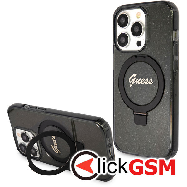 Guess - Ring Stand Script Glitter MagSafe (GUHMP15LHRSGSK) - iPhone 15 Pro - Black