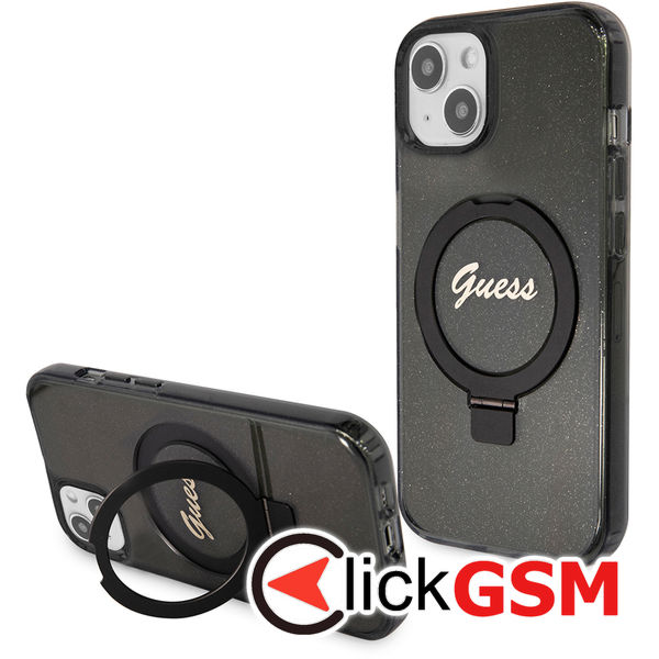 Guess - Ring Stand Script Glitter MagSafe (GUHMP15MHRSGSK) - iPhone 15 Plus - Black