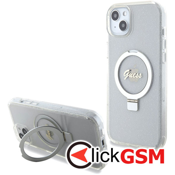 Guess - Ring Stand Script Glitter MagSafe (GUHMP15MHRSGSD) - iPhone 15 Plus - Clear