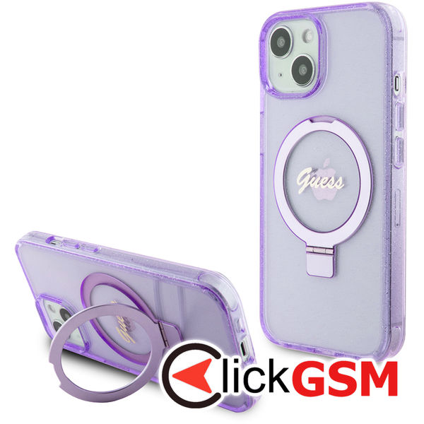 Guess - Ring Stand Script Glitter MagSafe (GUHMP15SHRSGSU) - iPhone 15 - Purple