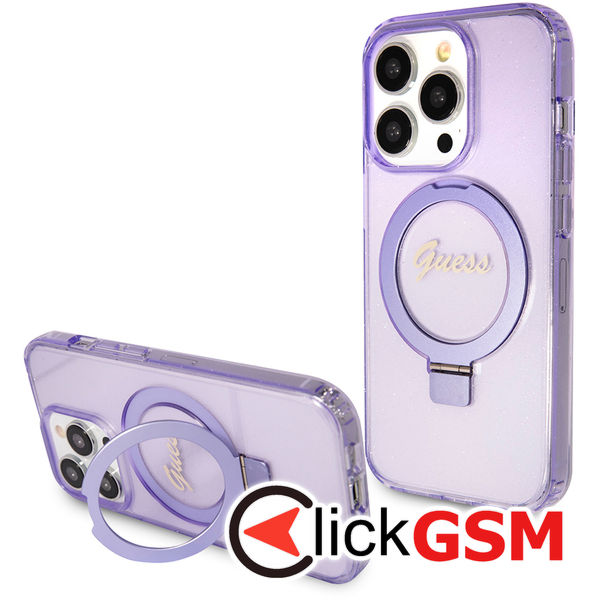 Guess - Ring Stand Script Glitter MagSafe (GUHMP15XHRSGSU) - iPhone 15 Pro Max - Purple
