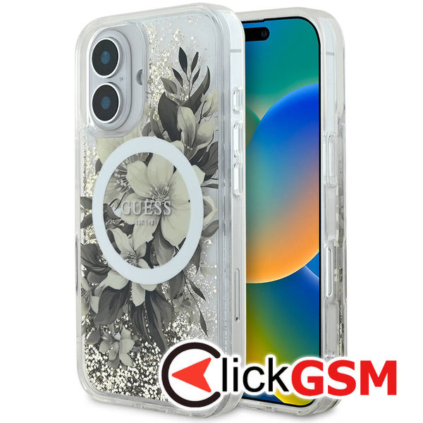 Guess - Liquid Glitter Flower MagSafe (GUHMP16SLFMWTE) - iPhone 16 - Beige