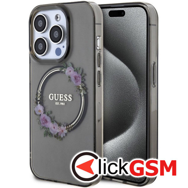 Guess - IML Flowers Wreath MagSafe (GUHMP15XHFWFCK) - iPhone 15 Pro Max - Black