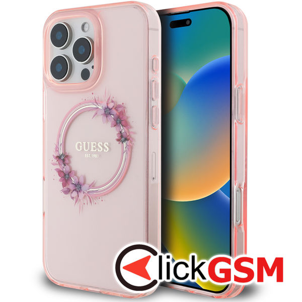 Guess - IML Flowers Wreath MagSafe (GUHMP16LHFWFCP) - iPhone 16 Pro - Pink