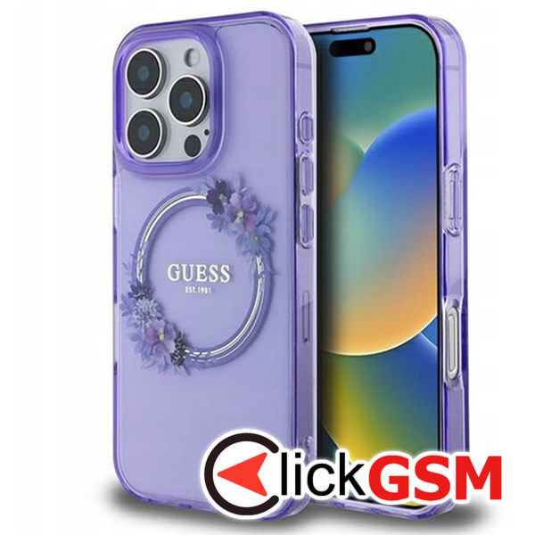 Guess - IML Flowers Wreath MagSafe (GUHMP16LHFWFCU) - iPhone 16 Pro - Purple