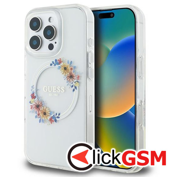 Guess - IML Flowers Wreath MagSafe (GUHMP16LHFWFCT) - iPhone 16 Pro - Clear