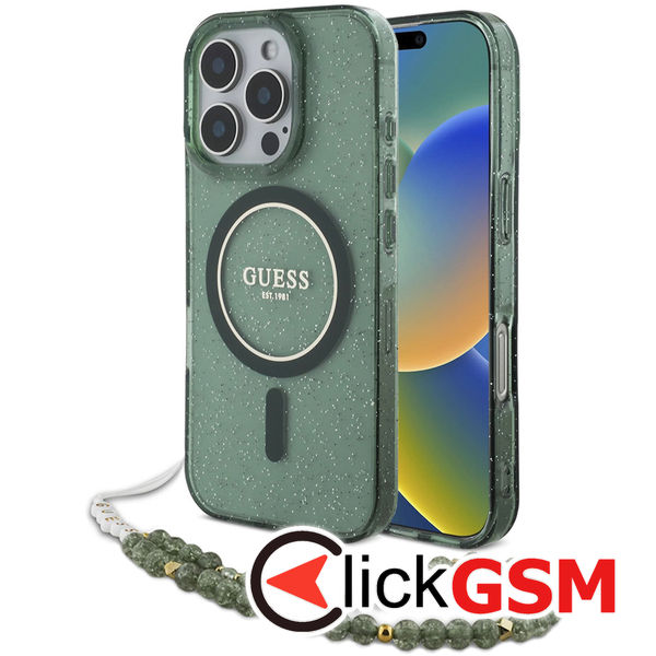 Guess - IML Glitter with Pearl Strap MagSafe (GUHMP16XHGCRELSA) - iPhone 16 Pro Max - Green