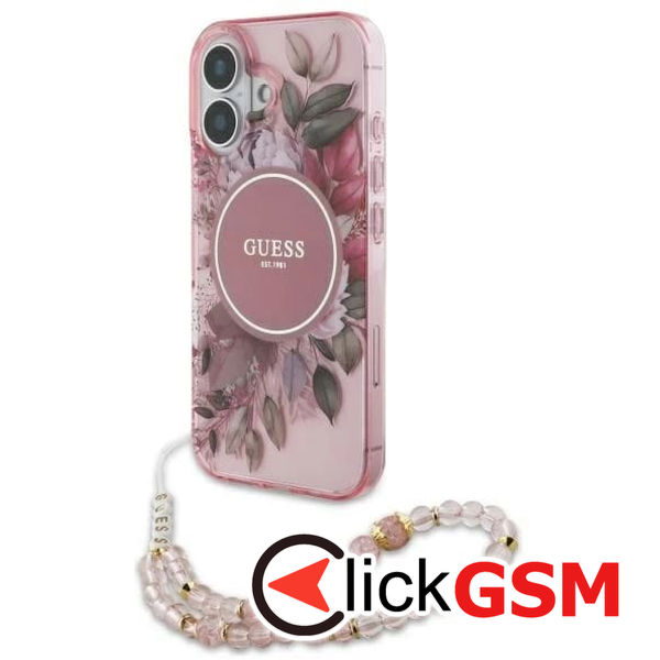 Guess - IML Flowers with Pearl Strap MagSafe (GUHMP16MHFWBRCESP) - iPhone 16 Plus - Pink