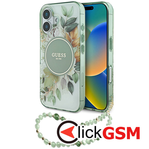 Guess - IML Flowers with Pearl Strap MagSafe (GUHMP16MHFWBRCESN) - iPhone 16 Plus - Green