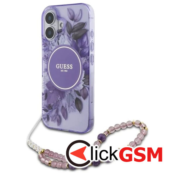 Guess - IML Flowers with Pearl Strap MagSafe (GUHMP16MHFWBRCESU) - iPhone 16 Plus - Purple
