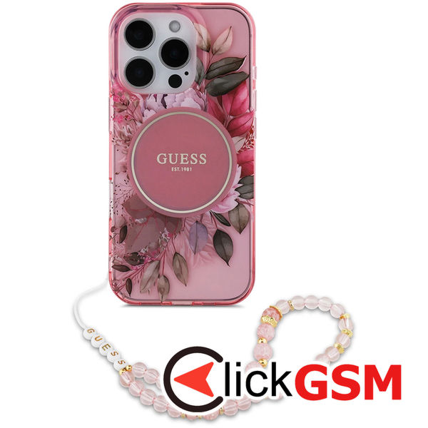 Guess - IML Flowers with Pearl Strap MagSafe (GUHMP16LHFWBRCESP) - iPhone 16 Pro - Pink