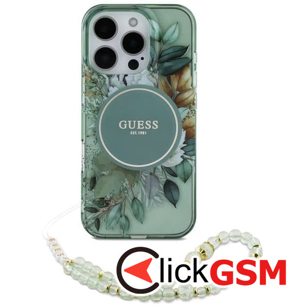 Guess - IML Flowers with Pearl Strap MagSafe (GUHMP16LHFWBRCESN) - iPhone 16 Pro - Green