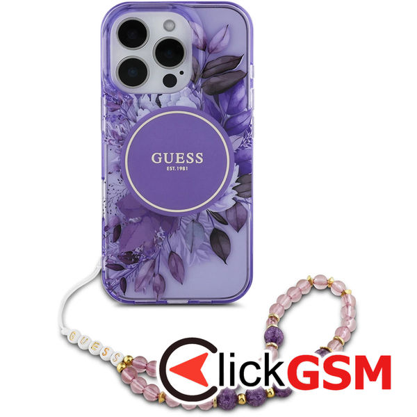 Guess - IML Flowers with Pearl Strap MagSafe (GUHMP16XHFWBRCESU) - iPhone 16 Pro Max - Purple