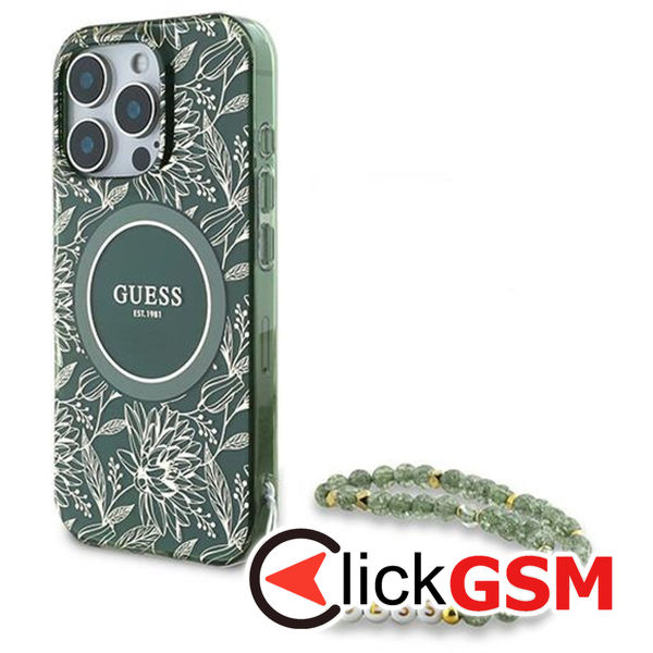 Guess - IML Flowers Allover Electro With Pearl Strap MagSafe (GUHMP16LHCPOFPA) - iPhone 16 Pro - Green