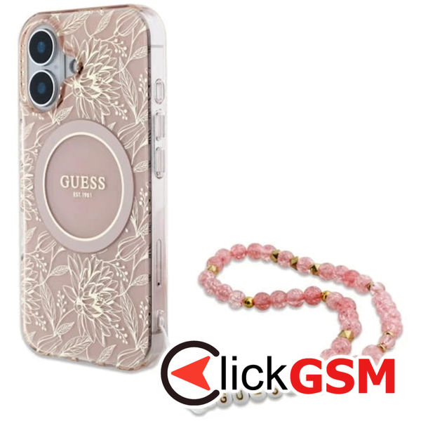 Guess - IML Flowers Allover Electro With Pearl Strap MagSafe (GUHMP16MHCPOFPP) - iPhone 16 Plus - Pink