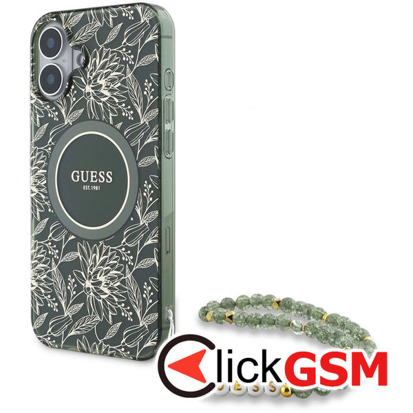 Guess - IML Flowers Allover Electro With Pearl Strap MagSafe (GUHMP16MHCPOFPA) - iPhone 16 Plus - Green