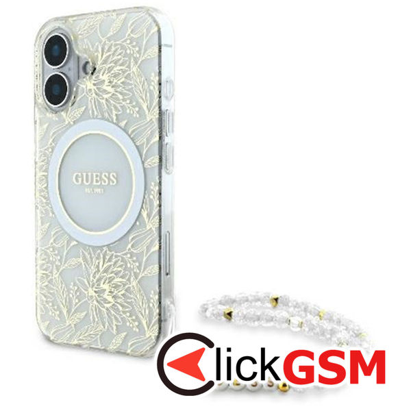 Guess - IML Flowers Allover Electro With Pearl Strap MagSafe (GUHMP16SHCPOFPH) - iPhone 16 - White