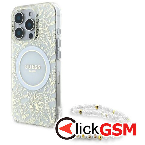 Guess - IML Flowers Allover Electro With Pearl Strap MagSafe (GUHMP16XHCPOFPH) - iPhone 16 Pro Max - White