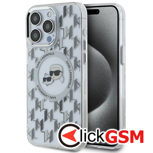 Karl Lagerfeld - IML MagSafe (KLHMP15LHMCKMHT) - iPhone 15 Pro - Transparent Monogram Karl&Choupette Head