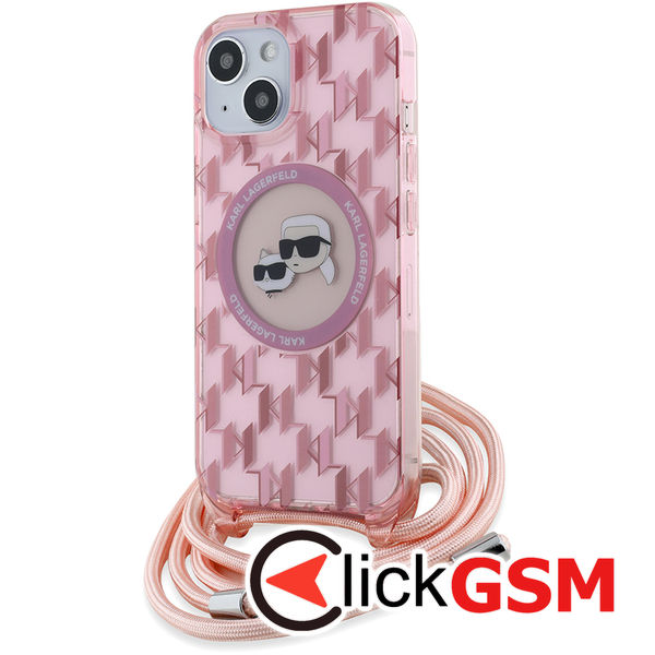 Karl Lagerfeld - IML Crossbody MagSafe (KLHMP15SHCKCKLCP) - iPhone 15 - Pink Mono Karl&Choupette Head