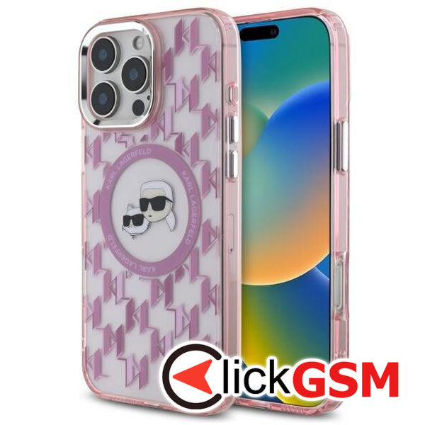 Karl Lagerfeld - IML MagSafe (KLHMP16LHMCKMHP) - iPhone 16 Pro - Pink Monogram Karl&Choupette Head