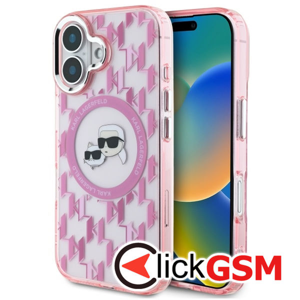 Karl Lagerfeld - IML MagSafe (KLHMP16SHMCKMHP) - iPhone 16 - Pink Monogram Karl&Choupette Head