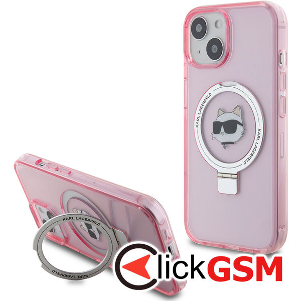 Karl Lagerfeld - Hardcase Ring Stand MagSafe (KLHMP15SHMRSCHP) - iPhone 15 - Pink Choupette Head